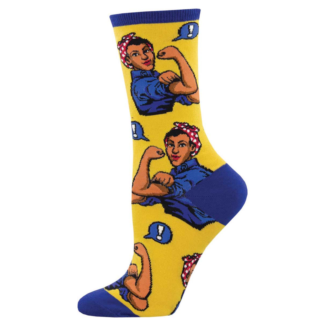 Women's Cotton Crew Socks - Rosie the Riveter with White Skin Motif - Yellow and Blue - Socksmith