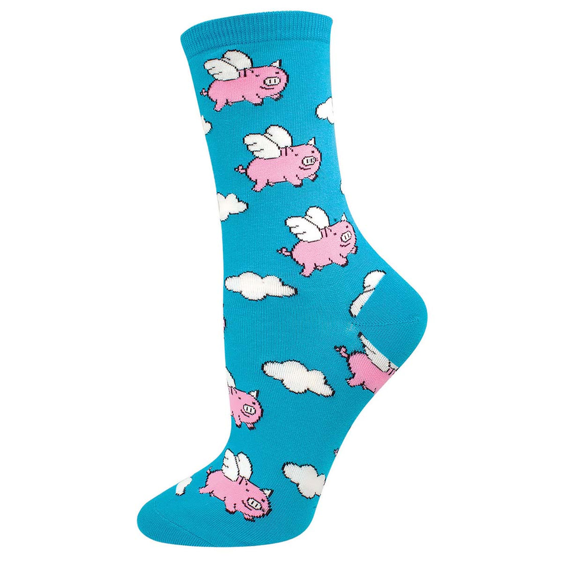 A blue sock with a pattern of pink pigs with wings and white clouds.