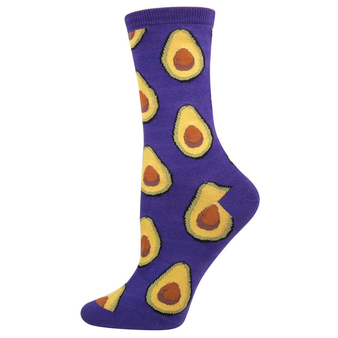 A pair of purple crew socks with avocado designs