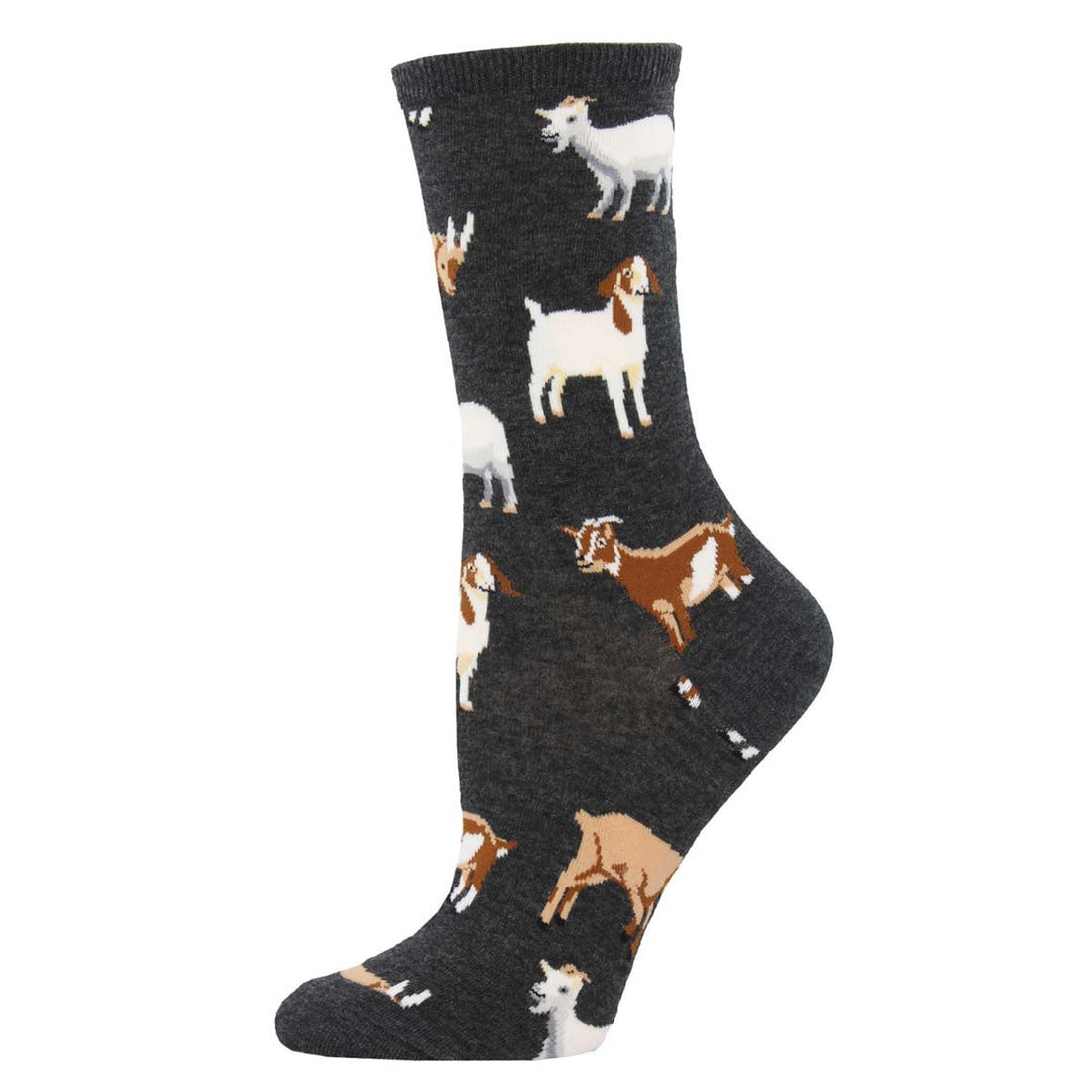 A pair of green crew socks with a pattern of various goats in different shades of gray, white, and brown.