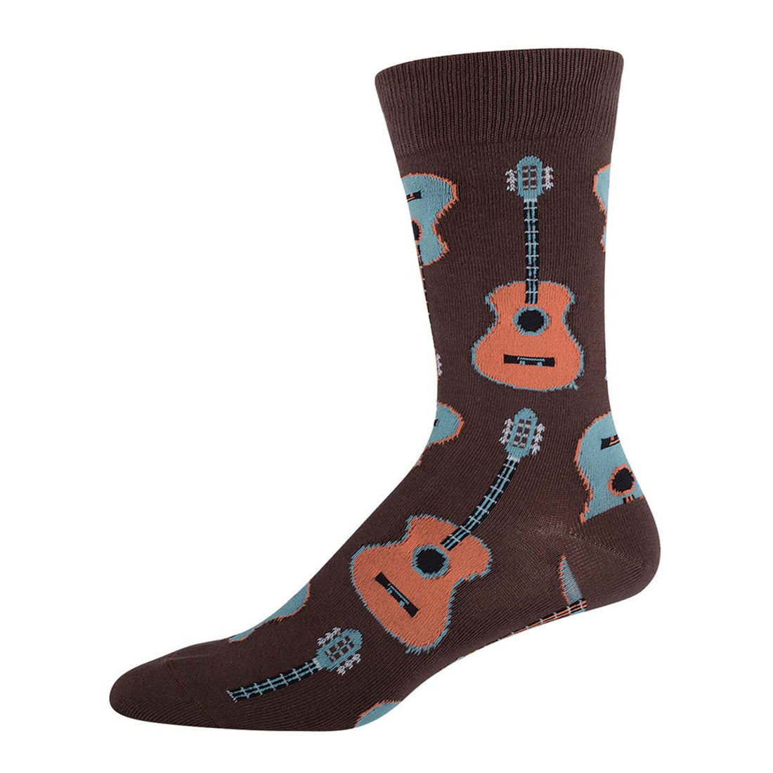 A pair of black crew socks with a pattern of acoustic guitars in a repeated design.