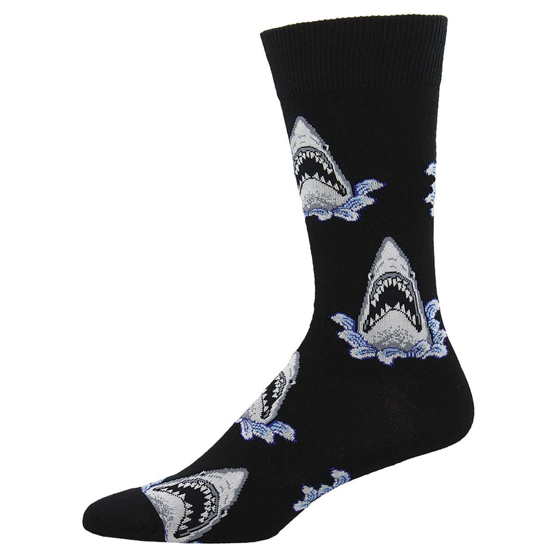 A blue crew sock with a pattern of shark jaws in white and grey colors.