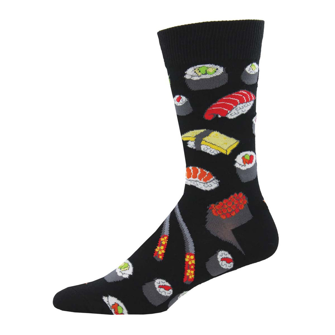 A pair of colorful crew socks featuring various sushi rolls and chopsticks on a blue background.