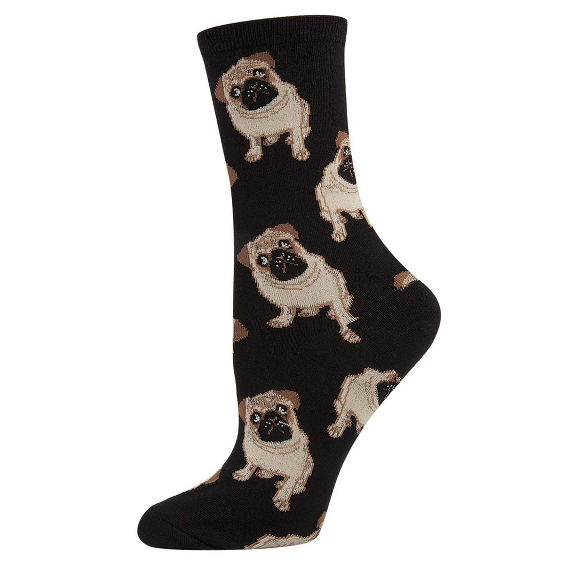 A peach crew sock with a pattern of multiple pugs in a repeat design.