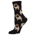 A black crew sock with a pattern of multiple pugs in a repeat design.