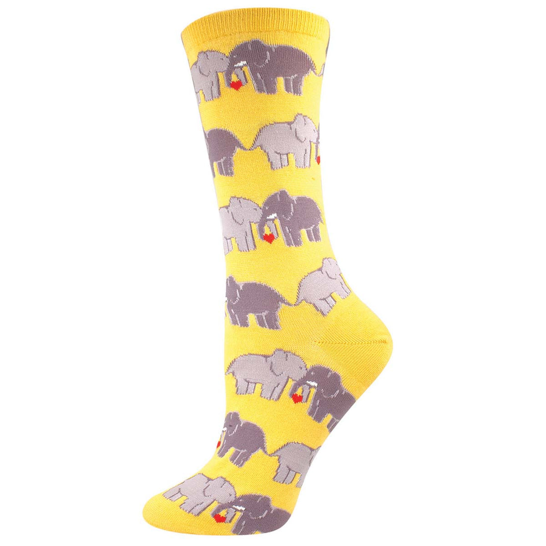 A pair of women's crew socks featuring a pattern of elephant couples holding trunks and intertwining tails, in black.