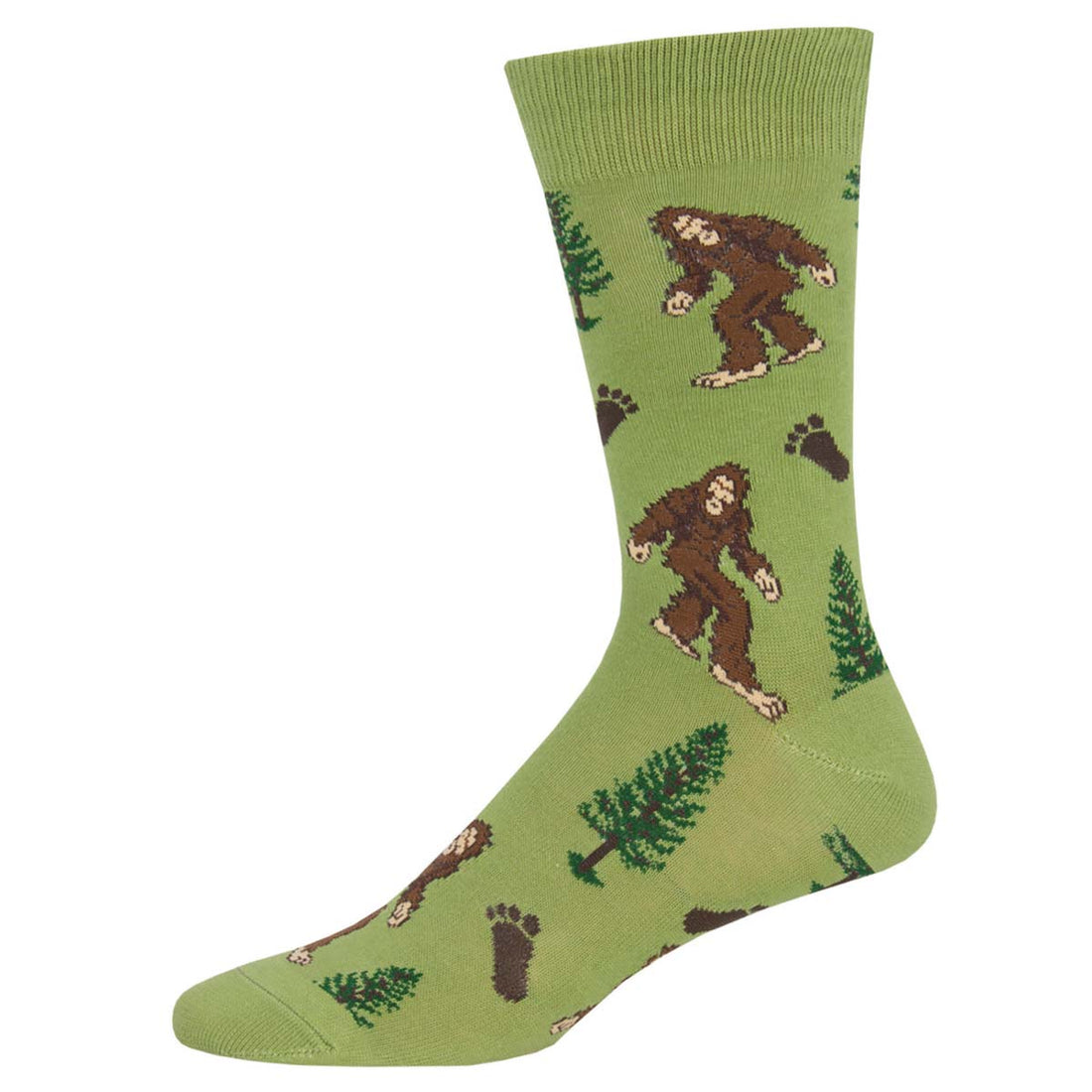 Men's Cotton Crew Socks - Bigfoot Design with Trees and Footprints - Black - Socksmith
