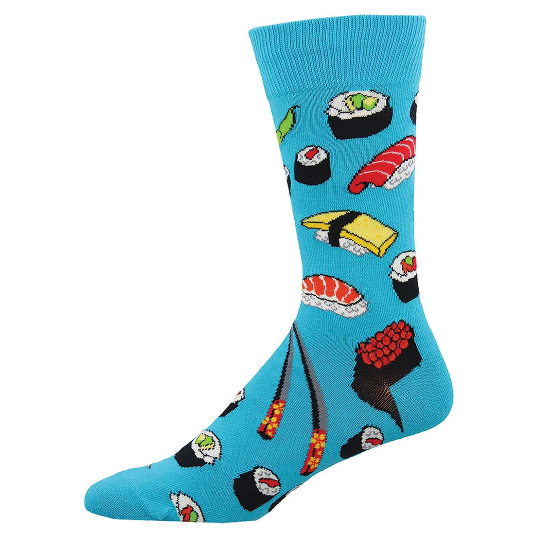 A pair of colorful crew socks featuring various sushi rolls and chopsticks on a blue background.