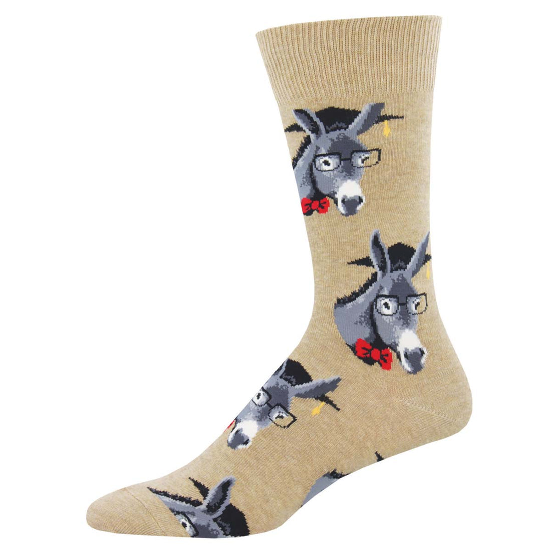 A pair of blue cotton crew socks with a pattern of cartoon donkeys wearing glasses and bow ties. Smart Ass