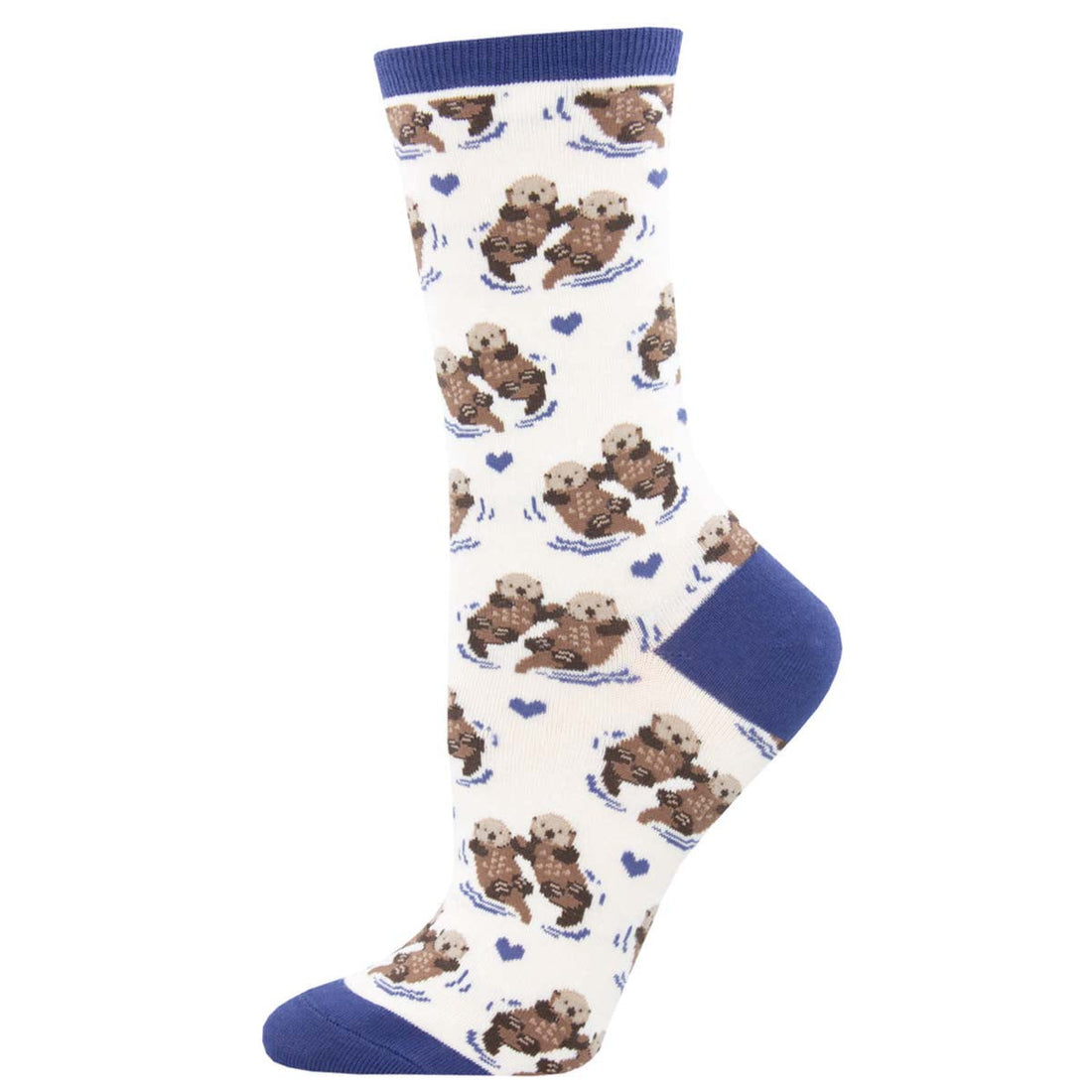 A pair of blue crew socks with a pattern of otters holding hands and hearts. Significant Otter. 
