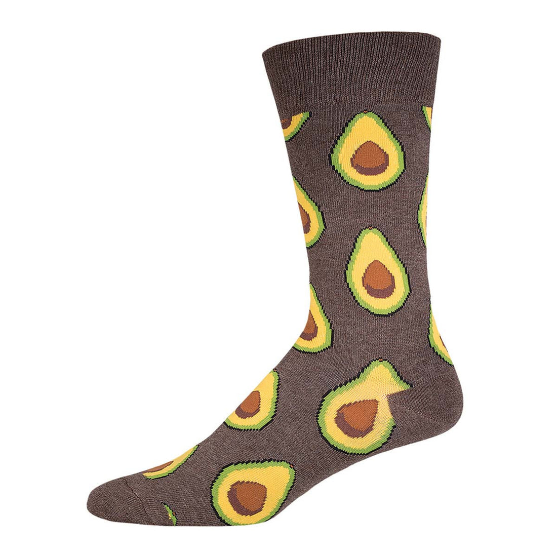A pair of blue cotton crew socks with avocado designs