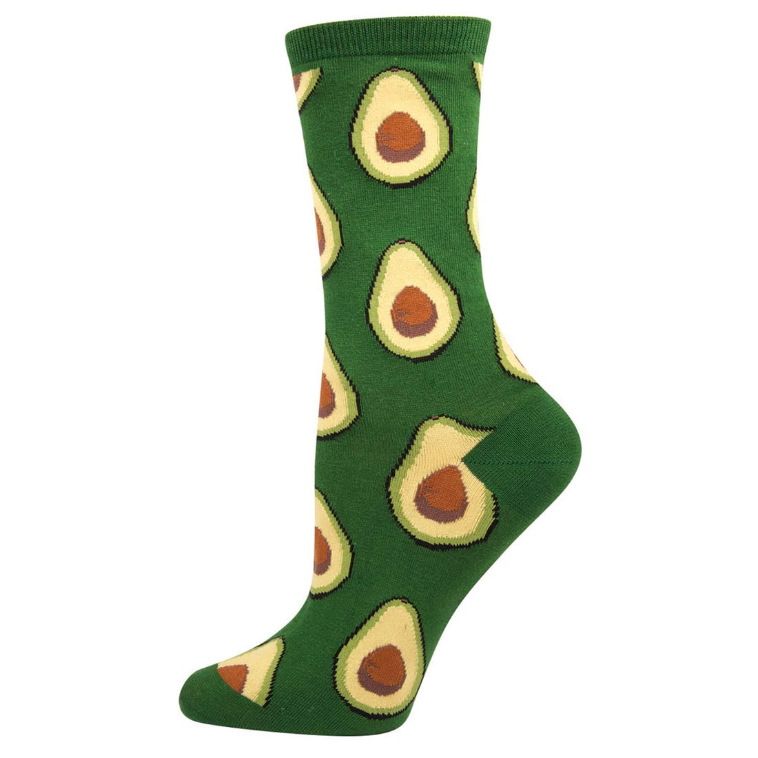 A pair of purple crew socks with avocado designs