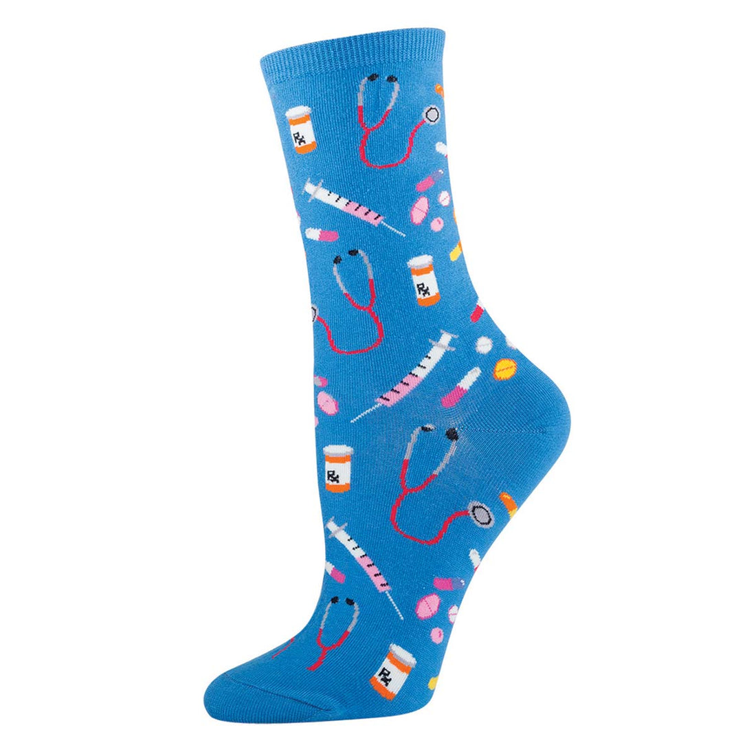 A black crew sock with a variety of colorful pill designs and medical imagery, such as stethoscopes and laboratory flasks.