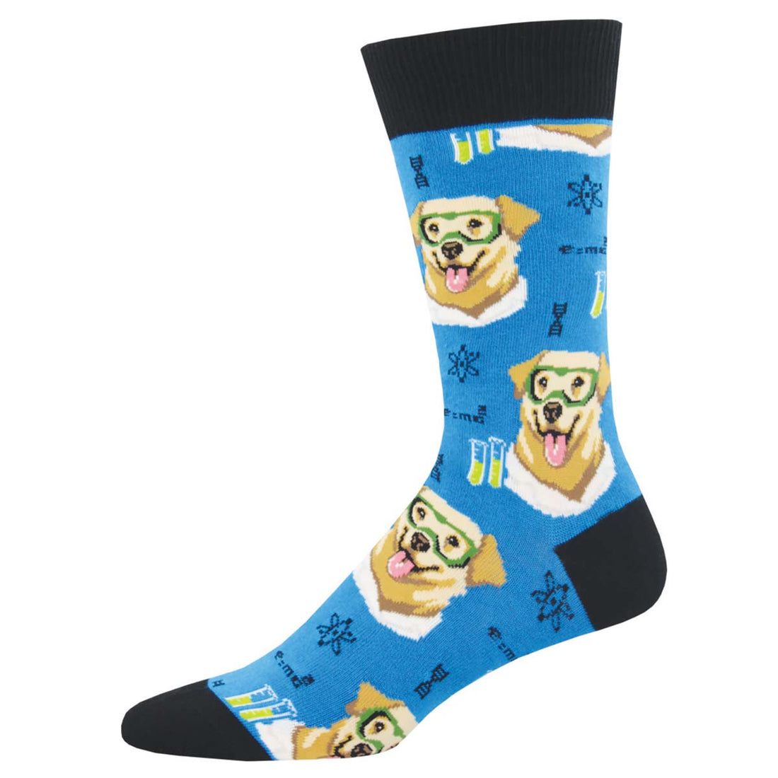 A pair of blue crew socks with a pattern of laboratory-themed elements and a cartoon image of a dog wearing glasses and a lab coat.