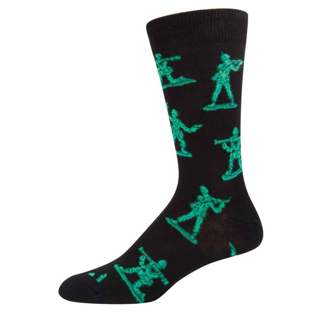 A black sock with green army men pattern on it.